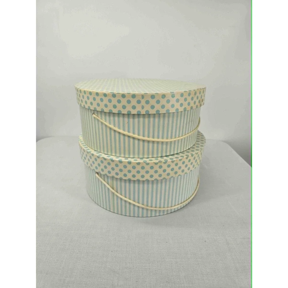 Vintage Style Round Nesting Hat Boxes Light Blue Stripes Polka Dots Set of 2